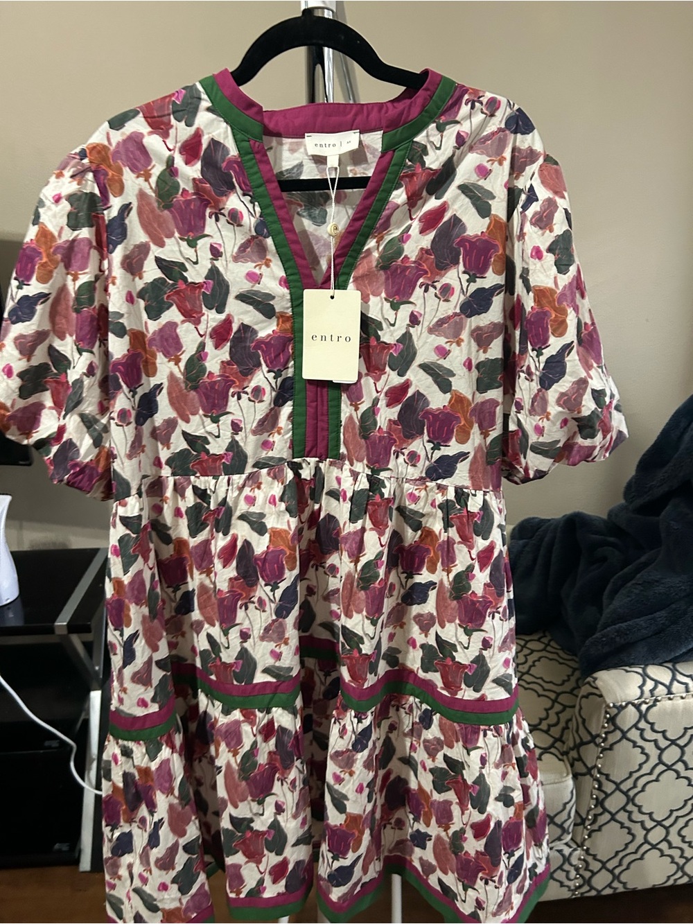 entro Pink Floral Tiered Dress with Green Trim
